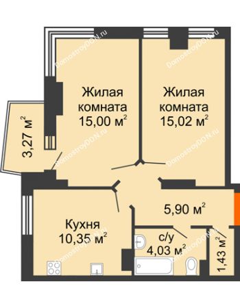 2 комнатная квартира 53,39 м² в ЖК Сердце Ростова 2, дом Литер 4