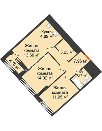 2 комнатная квартира 61,17 м² в ЖК Дом на Набережной, дом № 1