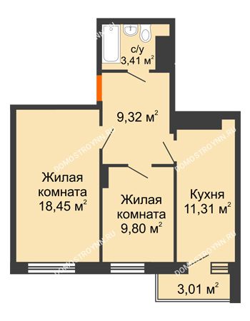 2 комнатная квартира 53,8 м² - ЖД Звездный