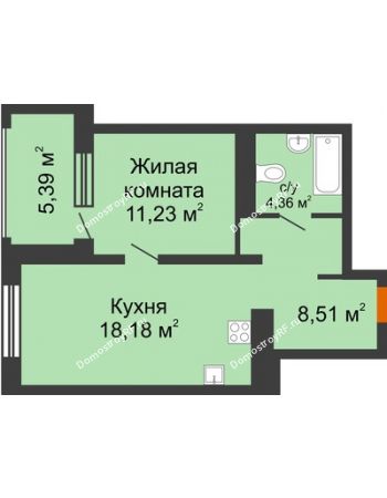 1 комнатная квартира 47,67 м² - ЖК Пешков