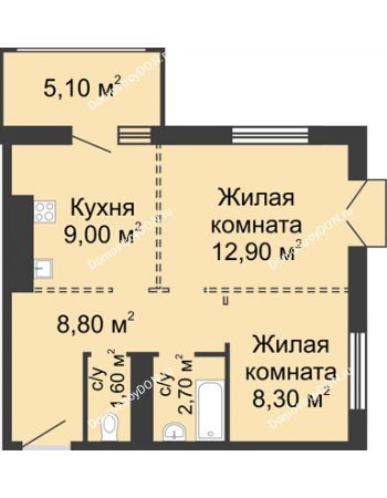 2 комнатная квартира 44,8 м² в ЖК 5 Элемент (Пятый Элемент), дом Корпус 5-1.1