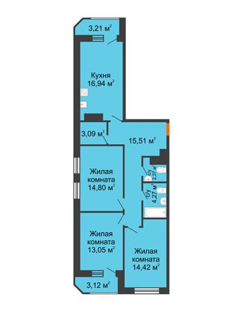 3 комнатная квартира 90,78 м² в ЖК Город времени, дом № 18