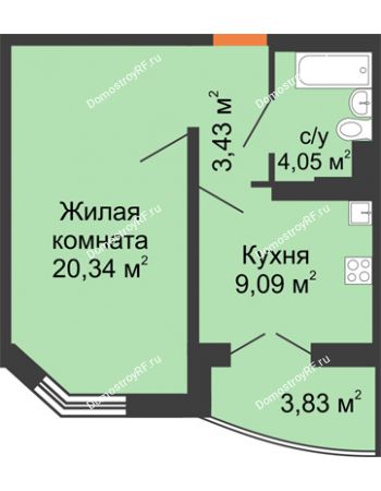 1 комнатная квартира 38,9 м² в ЖК Лазурный, дом позиция 50 (2-5 подъезд)