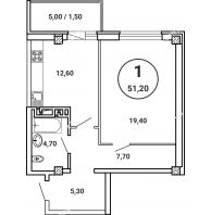 1 комнатная квартира 51,2 м² в ЖК Лебедь, дом № 50 - планировка