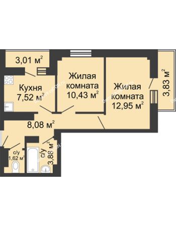 2 комнатная квартира 51,28 м² в ЖК Северные высотки, дом № 2