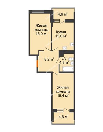 2 комнатная квартира 56,4 м² в ЖК Отражение, дом Литер 1.2