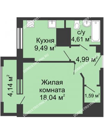 1 комнатная квартира 40,79 м² - ЖК Гелиос