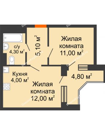 2 комнатная квартира 38,8 м² в ЖК Династия, дом Литер 2