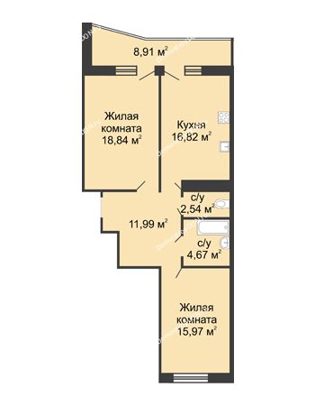 2 комнатная квартира 75,29 м² в ЖК Платовский, дом Литер 5
