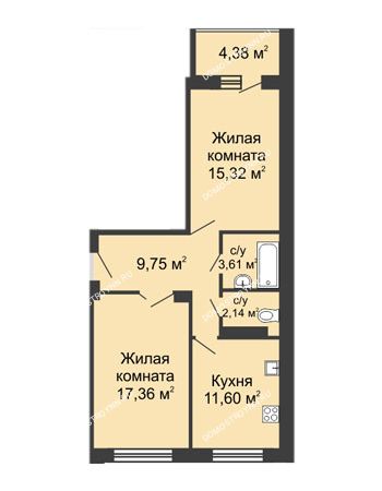 2 комнатная квартира 62,56 м² в ЖК Облака, дом № 1