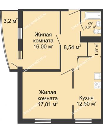 2 комнатная квартира 63,23 м² - ЖК Центральный-3