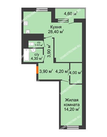 1 комнатная квартира 66,8 м² в ЖК Корица, дом № 1
