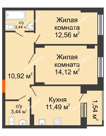 2 комнатная квартира 57,62 м² в ЖК Суворов-Сити, дом 1 очередь секция 6-13