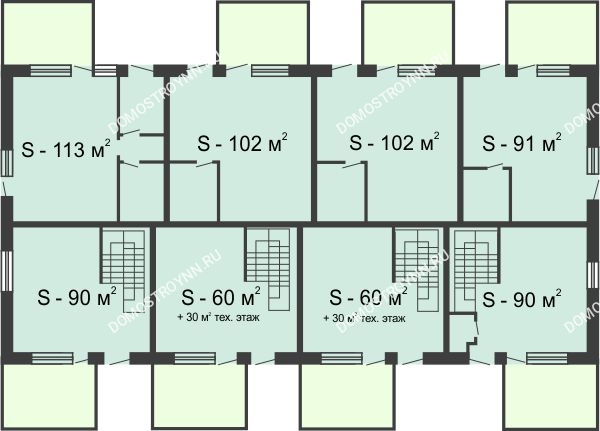 Планировка 1 этажа в доме № 6 (от 90 до 113 м2) в КП Прага