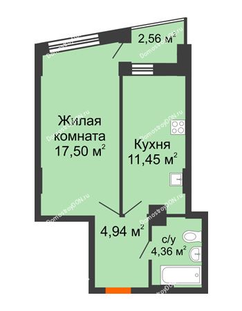 1 комнатная квартира 39,1 м² в ЖК Рубин, дом Литер 3