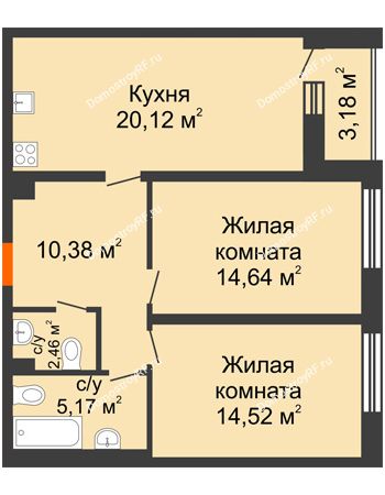 2 комнатная квартира 68,88 м² в ЖК Бунин, дом 1 этап, секции 11,12,13,14