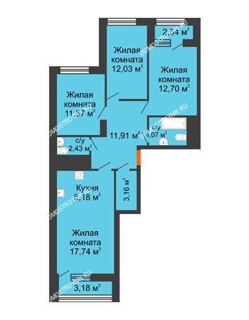 3 комнатная квартира 84,45 м² в ЖК Дом на Набережной, дом № 1