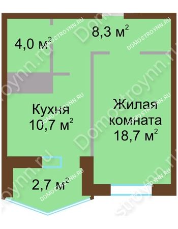 1 комнатная квартира 44,4 м² в ЖК Монолит, дом № 89, корп. 1, 2