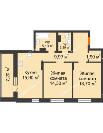 2 комнатная квартира 71,2 м² в ЖК Подкова на Цветочной, дом № 9