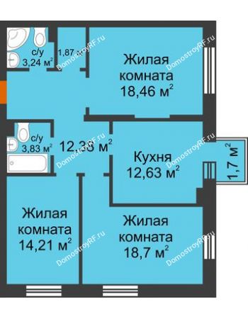 3 комнатная квартира 85,83 м² в ЖК Новоостровский, дом № 2 корпус 1