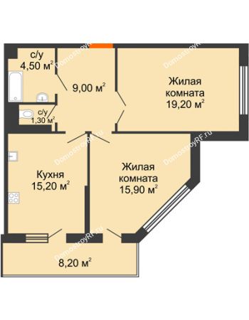 2 комнатная квартира 68,8 м² в ЖК Береговая 2, дом Литер 2