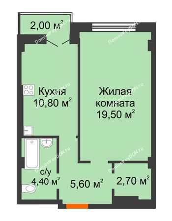 1 комнатная квартира 45 м² в ЖК Парк Островского 2, дом № 1