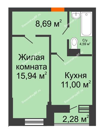 1 комнатная квартира 41,36 м² в ЖК Россинский парк, дом Литер 1