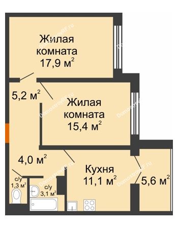 2 комнатная квартира 59,7 м² в ЖК Крымский квартал, дом позиция 1