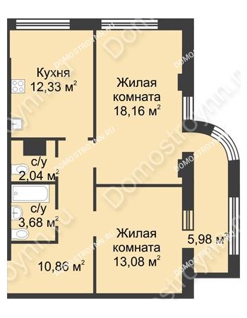 2 комнатная квартира 63,14 м² в ЖК Караваиха, дом № 5
