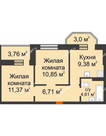 2 комнатная квартира 45,7 м² в ЖК Светлоград, дом Литер 16