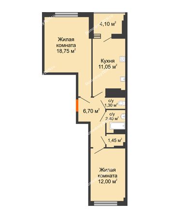 2 комнатная квартира 55,7 м² в ЖК Грин Парк, дом Литер 1