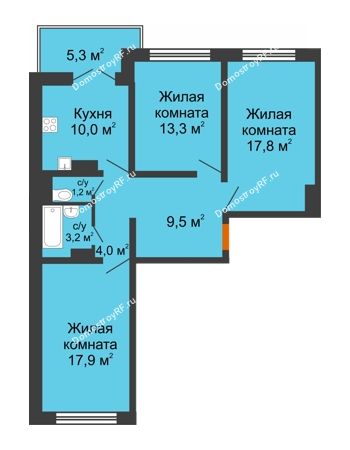 3 комнатная квартира 78,4 м² в ЖК Лазурный, дом позиция 30