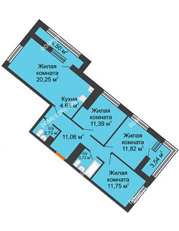3 комнатная квартира 80,53 м² в ЖК Дом на Набережной, дом № 1