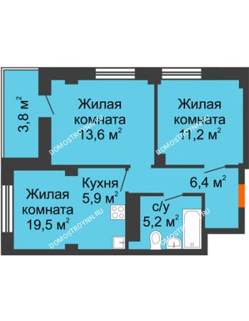 3 комнатная квартира 52,5 м² в ЖК Тихая Гавань на Якорной, дом № 1