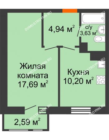 1 комнатная квартира 39,05 м² в ЖК Книги, дом № 2