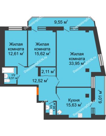 3 комнатная квартира 113,46 м² в ЖК Горизонт, дом № 2