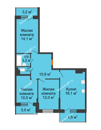 3 комнатная квартира 75,3 м² в ЖК Южане, дом Литер 3