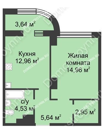 1 комнатная квартира 42,86 м² в ЖК Караваиха, дом № 5