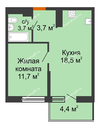 1 комнатная квартира 37,6 м² в ЖК Отражение, дом Литер 1.2