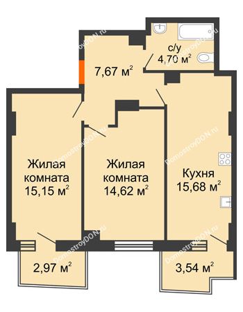 2 комнатная квартира 59,31 м² в ЖК Сердце Ростова 2, дом Литер 8