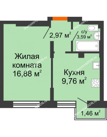 1 комнатная квартира 34,61 м² - ЖК Онегин