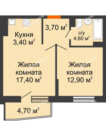 2 комнатная квартира 44,9 м² в ЖК Династия, дом Литер 2