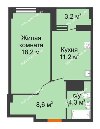 1 комнатная квартира 43,9 м² в ЖК Квартет, дом № 3