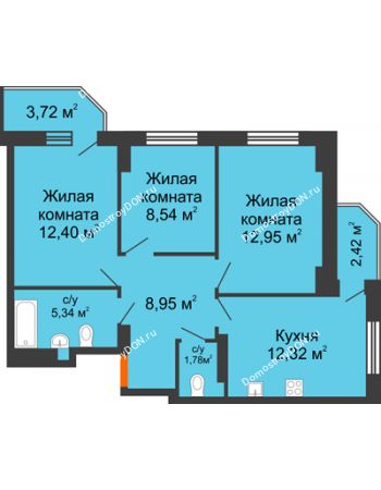 3 комнатная квартира 64,61 м² в ЖК Свобода, дом №2