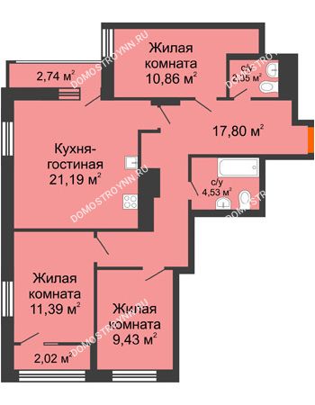 4 комнатная квартира 79,93 м² в ЖК Каскад на Менделеева, дом № 1