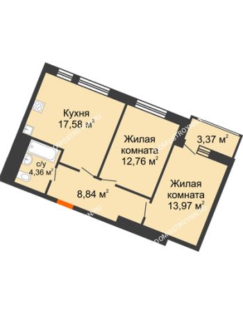 2 комнатная квартира 60,88 м² в ЖК Книги, дом № 2