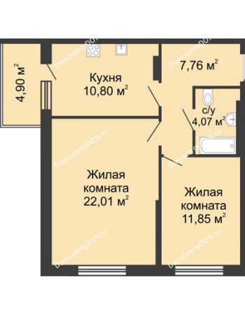 2 комнатная квартира 61,39 м² в ЖК Времена Года, дом № 1