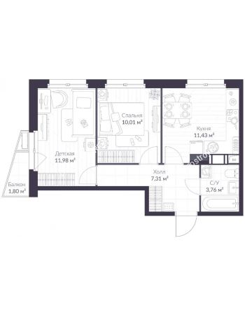 2 комнатная квартира 45,03 м² в ЖК Veren Nort Сертолово, дом Дом 11, корпус 8