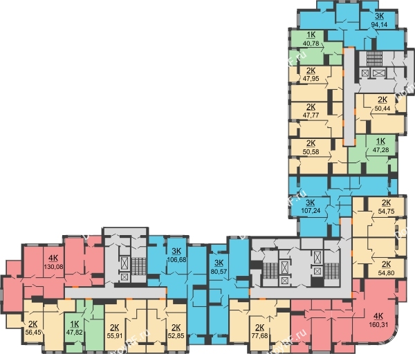 Планировка 16 этажа в доме корпус А, блок-секция 1,2,3 в ЖК Столичный