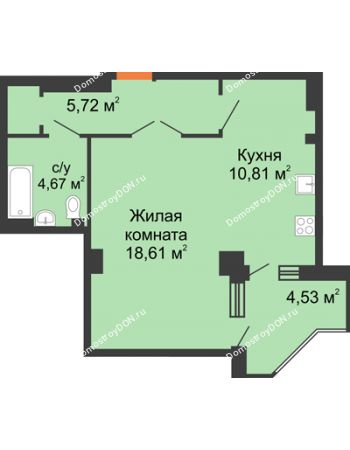 1 комнатная квартира 45,38 м² - ЖК Гармония